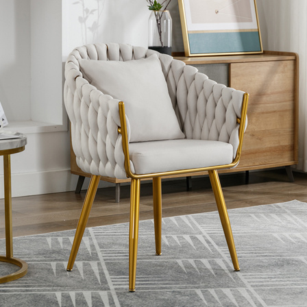 dropship Handwoven modern chairs, casual chairs, universal foot nails, metal chair legs with pillows (beige)