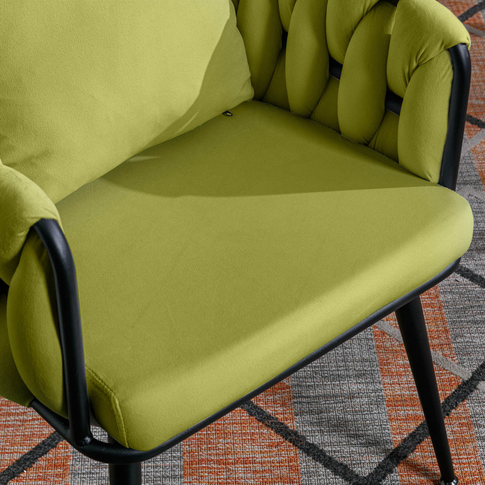 dropship Pure Olive Modern Velvet Dining Chairs Set of 2 Hand Weaving Accent Chairs Living Room Chairs Upholstered Side Chair with Black Metal Legs for Dining Room Kitchen Vanity Living Room