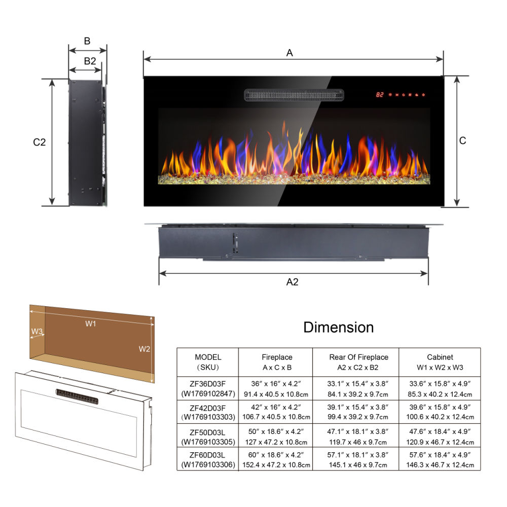 dropship 50 inch recessed ultra thin tempered glass front wall mounted electric fireplace with remote and multi color flame & emberbed, LED light heater