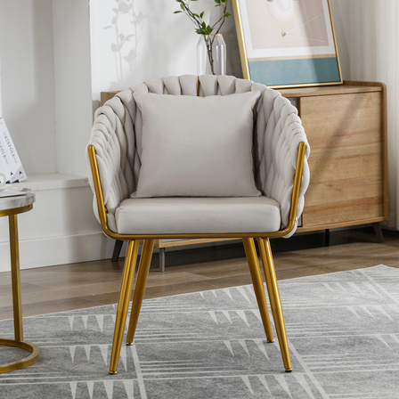 dropship Handwoven modern chairs, casual chairs, universal foot nails, metal chair legs with pillows (beige)