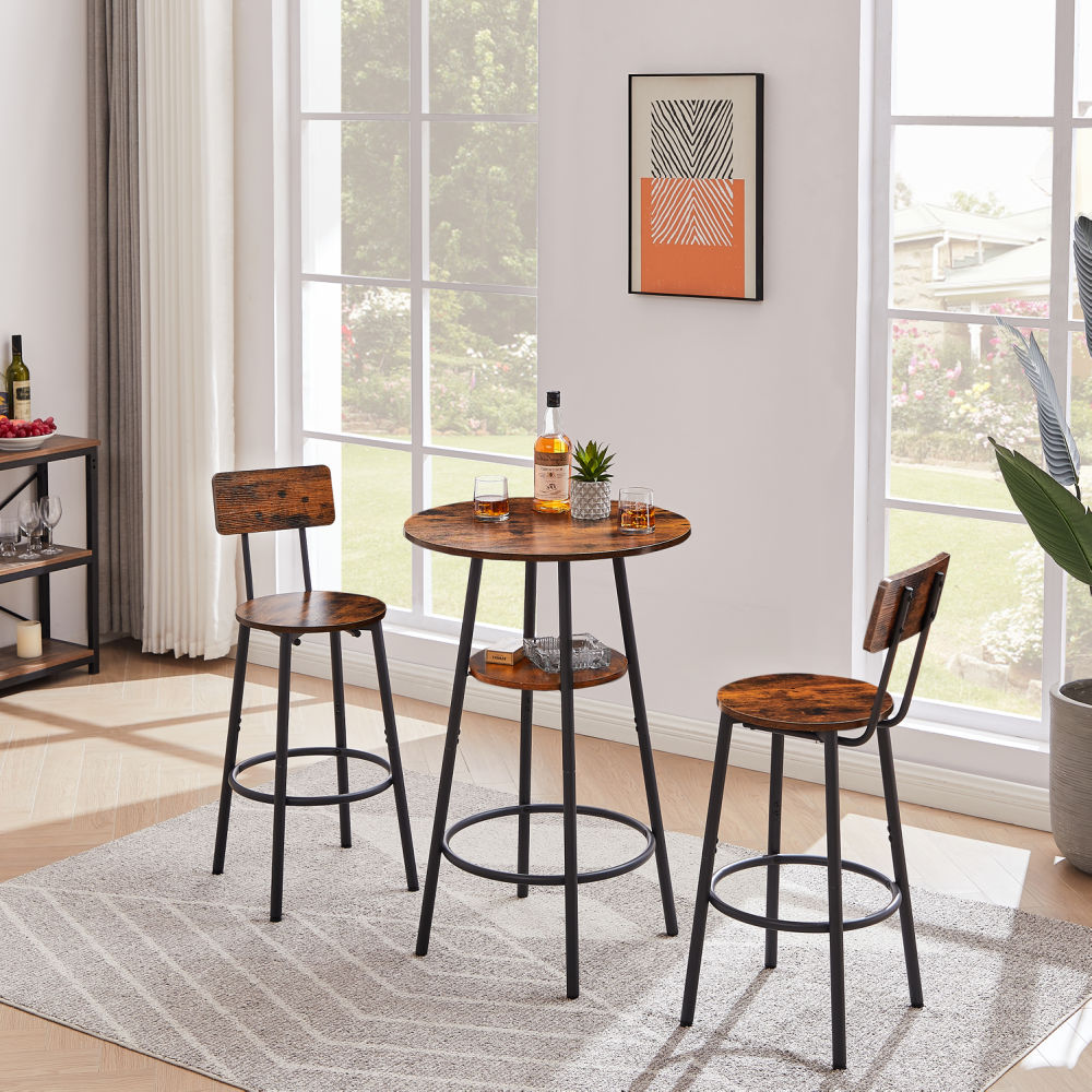 dropship Round bar stool set with shelves, stool with backrest Rustic Brown, 23.6'' Dia x 35.4'' H