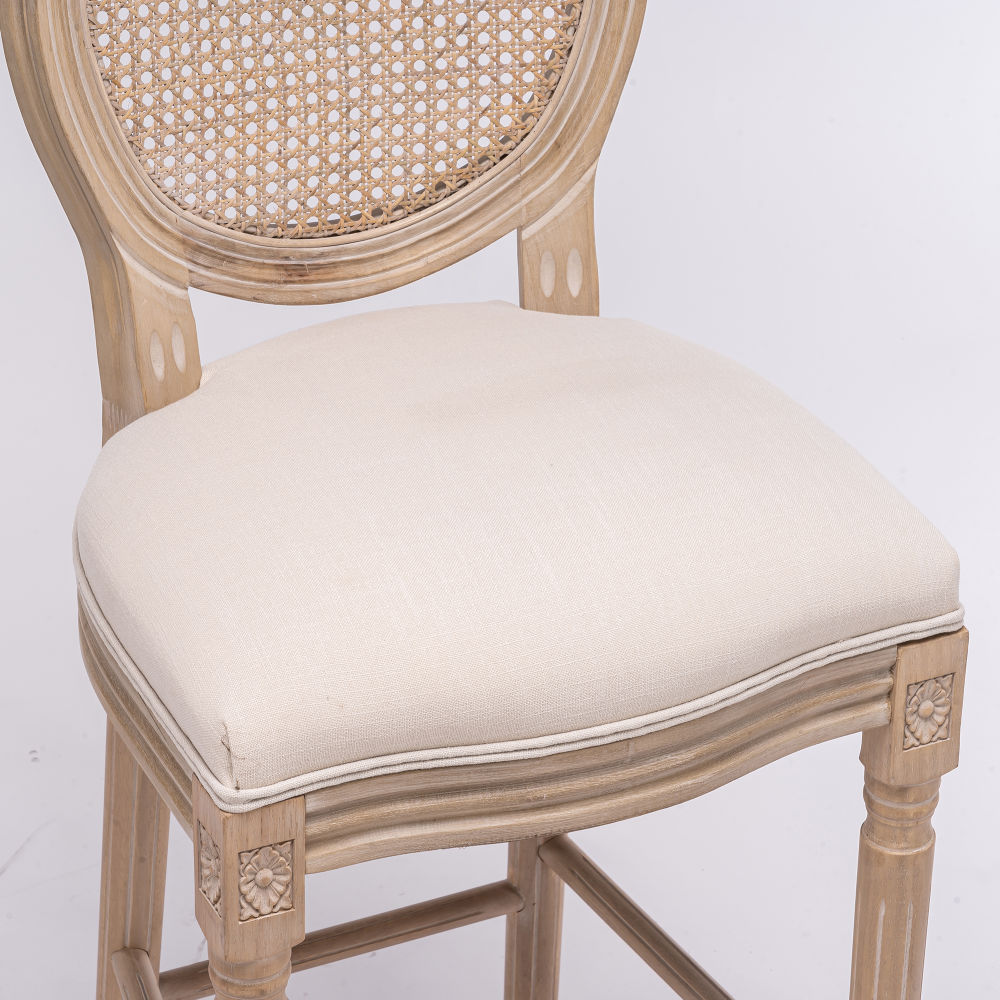 dropship French Country Wooden Barstools Rattan Back With Upholstered Seating , Beige and Natural ,Set of 2