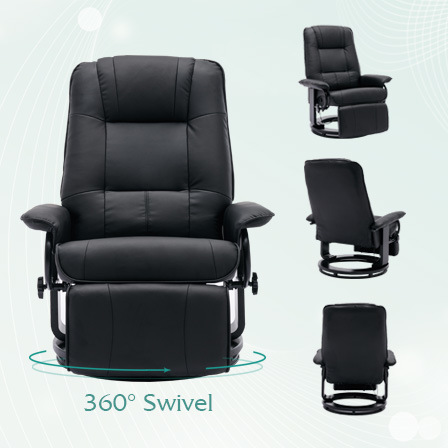 dropship Faux Leather Manual Recliner,Adjustable Swivel Lounge Chair with Footrest,Can Rotate 360 Degrees,L-right Angle Curved Wooden Frame, Armrest and Wrapped Wood Base for Living Room,Black