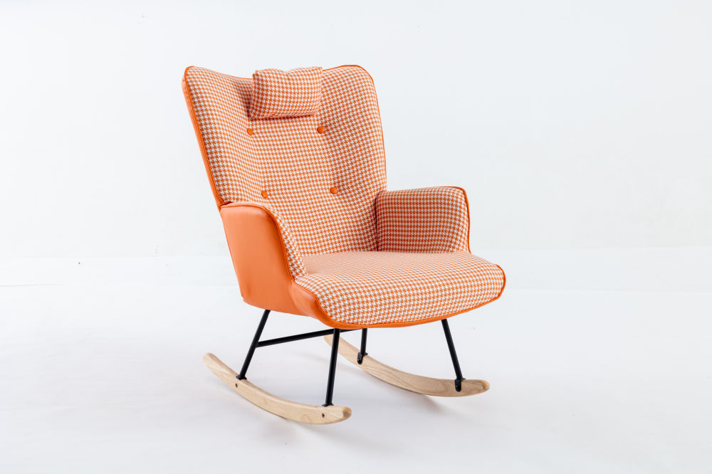 dropship 35.5 inch Rocking Chair, Soft Houndstooth Fabric Leather Fabric Rocking Chair for Nursery, Comfy Wingback Glider Rocker with Safe Solid Wood Base for Living Room Bedroom Balcony (orange)