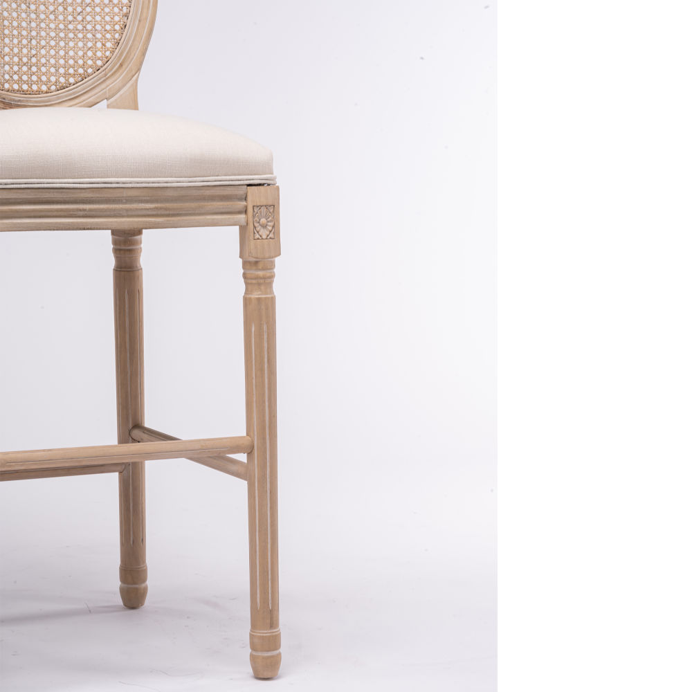 dropship French Country Wooden Barstools Rattan Back With Upholstered Seating , Beige and Natural ,Set of 2
