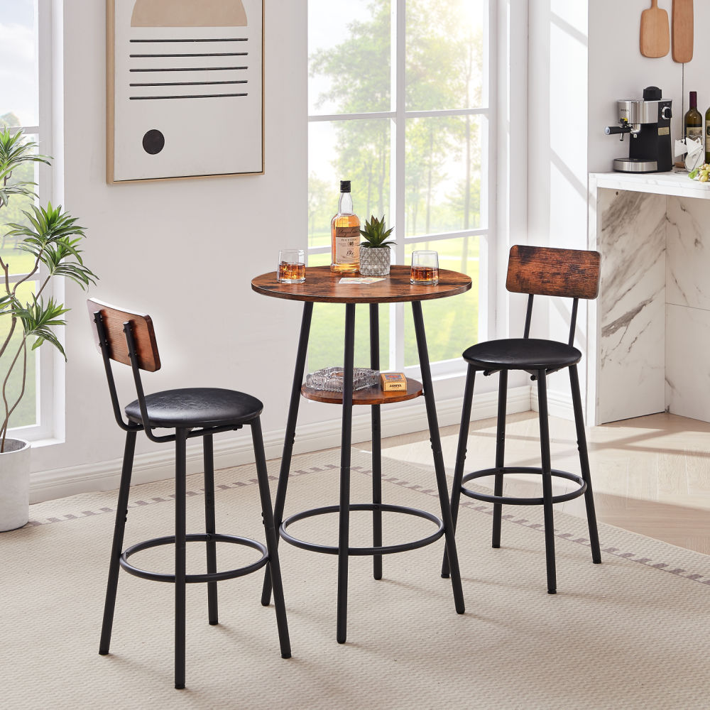 dropship Round bar stool set with shelf, upholstered stool with backrest, Rustic Brown, 23.62'' W x 23.62'' D x 35.43'' H