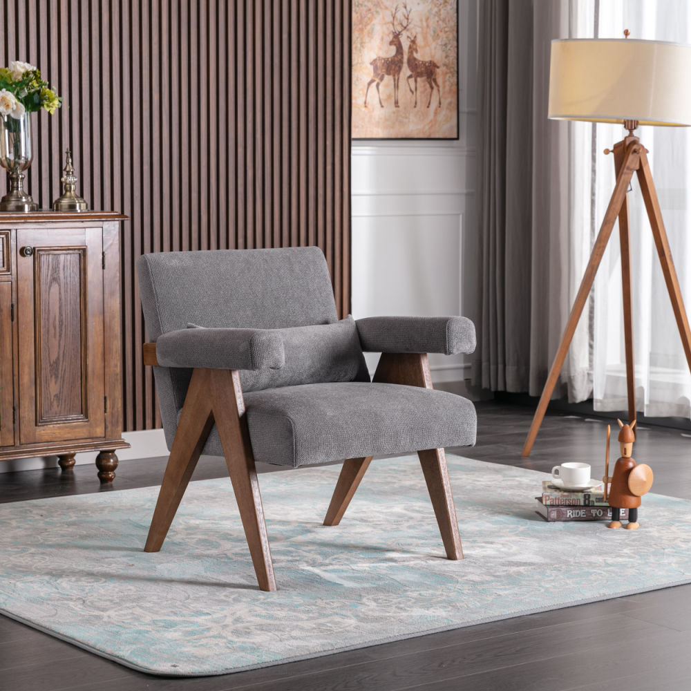 dropship Accent chair, KD rubber wood legs with Walnut finish. Fabric cover the seat. With a cushion.Grey
