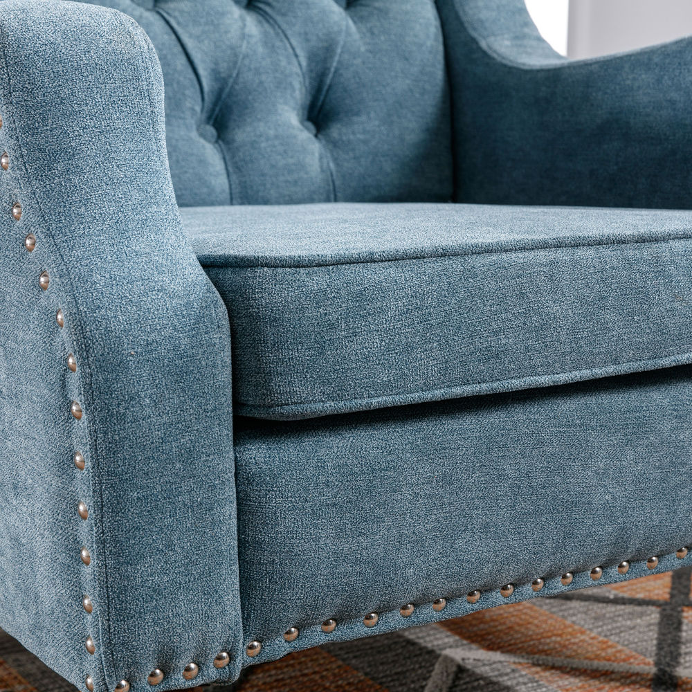 dropship Blue Accent Chair, Living Room Chair, Footrest Chair Set with Vintage Brass Studs, Button Tufted Upholstered Armchair for Living Room, Comfy Reading Chair for Bedroom, Reception Room