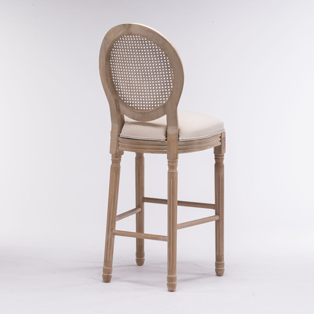 dropship French Country Wooden Barstools Rattan Back With Upholstered Seating , Beige and Natural ,Set of 2