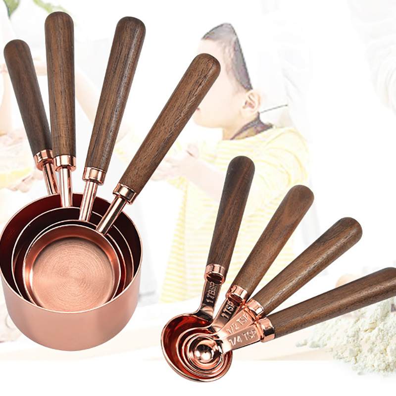 dropship Kitchen Accessories 4Pcs/Set Measuring Cups Spoons Stainless Steel Plated Copper Wooden Handle Cooking Baking Tools