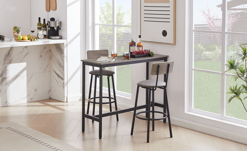 dropship Bar Table Set with 2 Bar stools PU Soft seat with backrest, Grey, 43.31'' L x 15.75'' W x 35.43'' H.