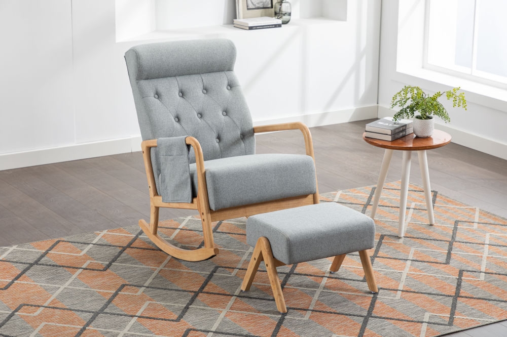 dropship COOLMORE Rocking Chair With Ottoman, Mid-Century Modern Upholstered Fabric Rocking Armchair, Rocking Chair Nursery with Thick Padded Cushion, High Backrest Accent Glider Rocker Chair for Living Room