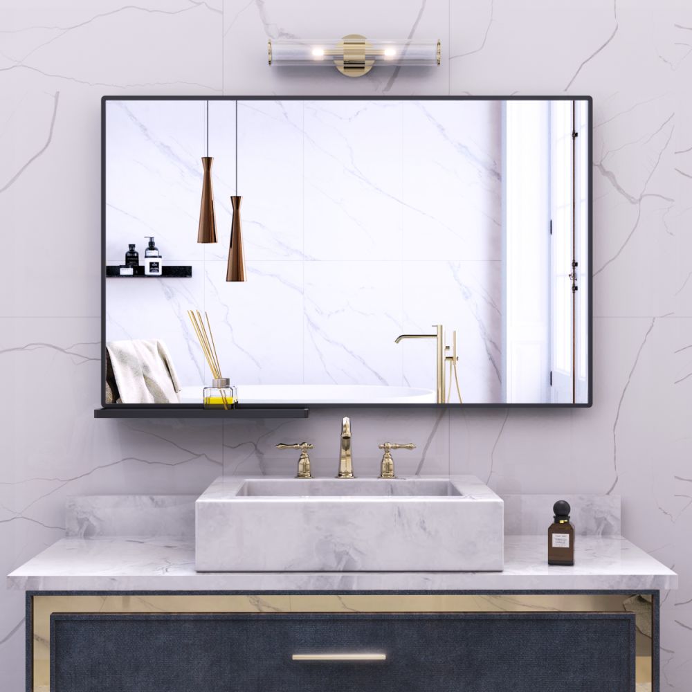 dropship Modern Bathroom Mirror With Storage Shelf Rectangular Black Wall Mirrors for Bathroom Living Room Bedroom Hanging Mirror Aluminum Frame 48x30 Inch