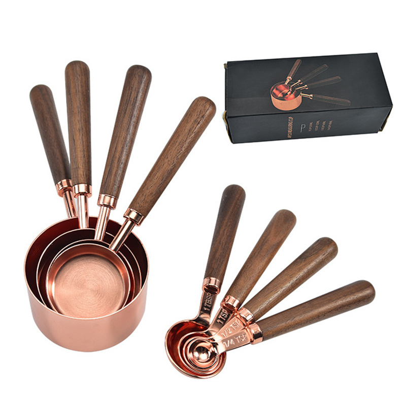 dropship Kitchen Accessories 4Pcs/Set Measuring Cups Spoons Stainless Steel Plated Copper Wooden Handle Cooking Baking Tools