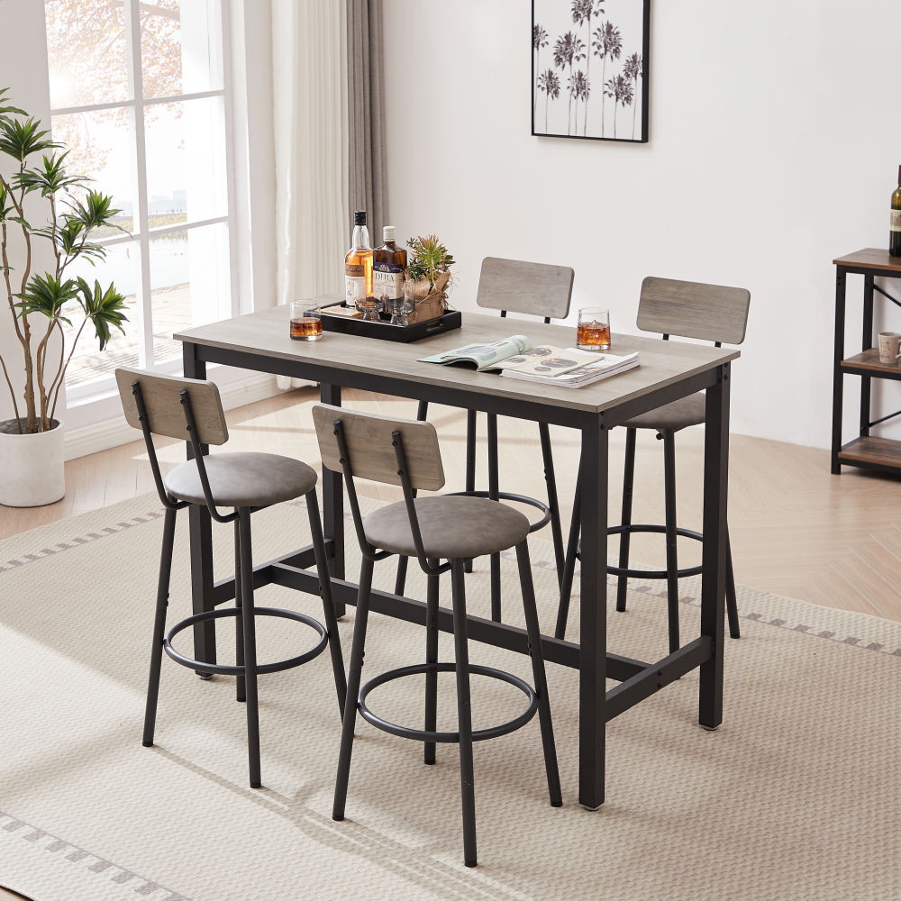 dropship Bar Table Set with 4 Bar stools PU Soft seat with backrest, Grey, 47.24'' L x 23.62'' W x 35.43'' H