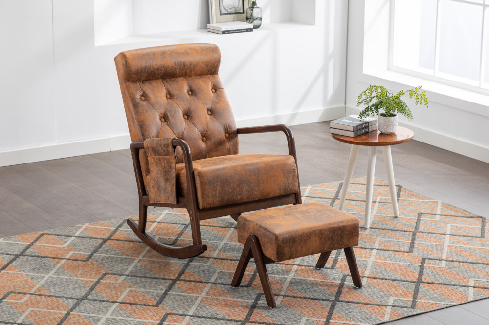 dropship COOLMORE Rocking Chair With Ottoman, Mid-Century Modern Upholstered Fabric Rocking Armchair, Rocking Chair Nursery with Thick Padded Cushion, High Backrest Accent Glider Rocker Chair for Living Room