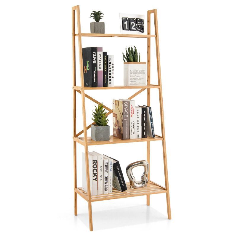 dropship Living Room 4-Tier Bamboo Ladder Display Shelf Storage Rack Plant Flower Stand