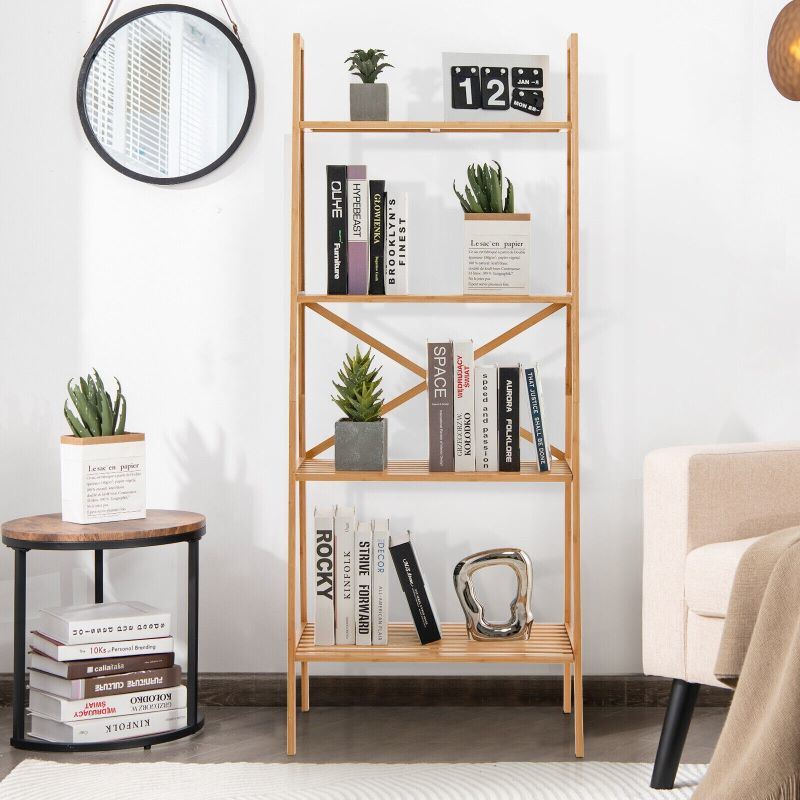 dropship Living Room 4-Tier Bamboo Ladder Display Shelf Storage Rack Plant Flower Stand