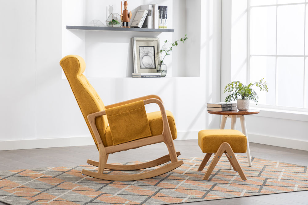dropship COOLMORE Rocking Chair With Ottoman, Mid-Century Modern Upholstered Fabric Rocking Armchair, Rocking Chair Nursery with Thick Padded Cushion, High Backrest Accent Glider Rocker Chair for Living Room