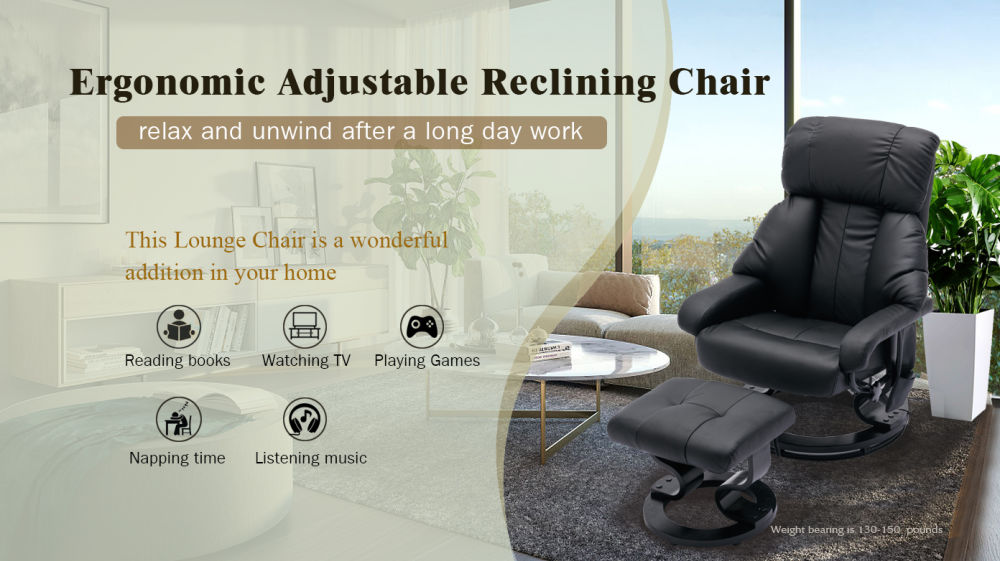 dropship Recliner with Ottoman Footrest, Recliner Chair with Vibration Massage, Faux Leather and Swivel Wood Base for Living Room and Bedroom, Black