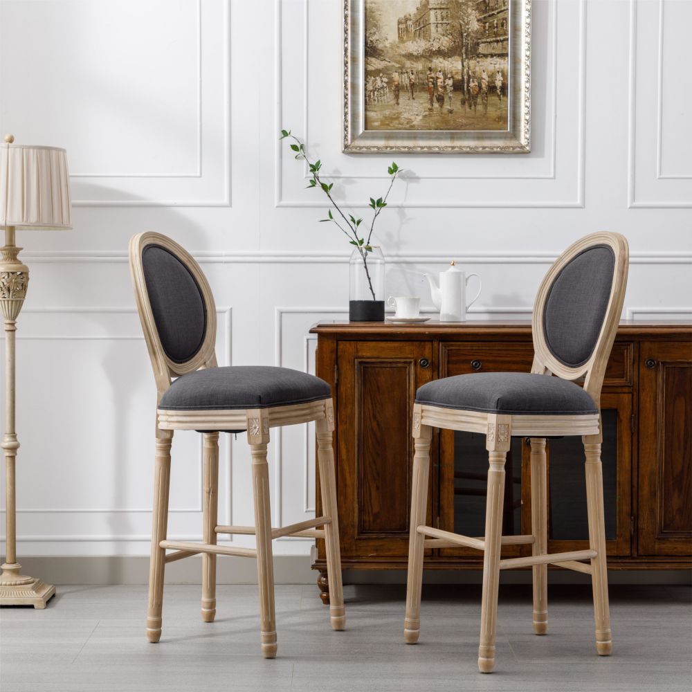 dropship French Country Wooden Barstools With Upholstered Seating , Dark Grey, Set of 2