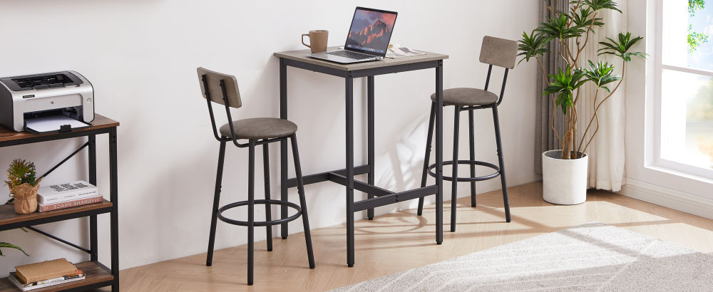 dropship Bar Table Set with 2 Bar stools PU Soft seat with backrest, Grey, 23.62'' W x 23.62'' D x 35.43'' H