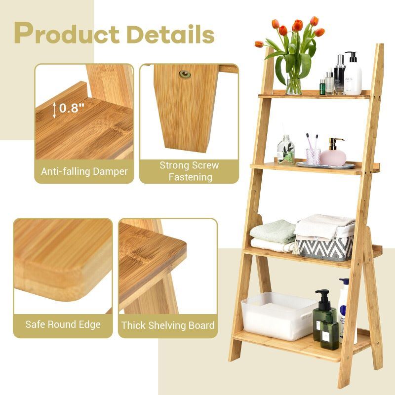 dropship Living Room 4-Tier Bamboo Ladder Display Shelf Storage Rack Plant Flower Stand