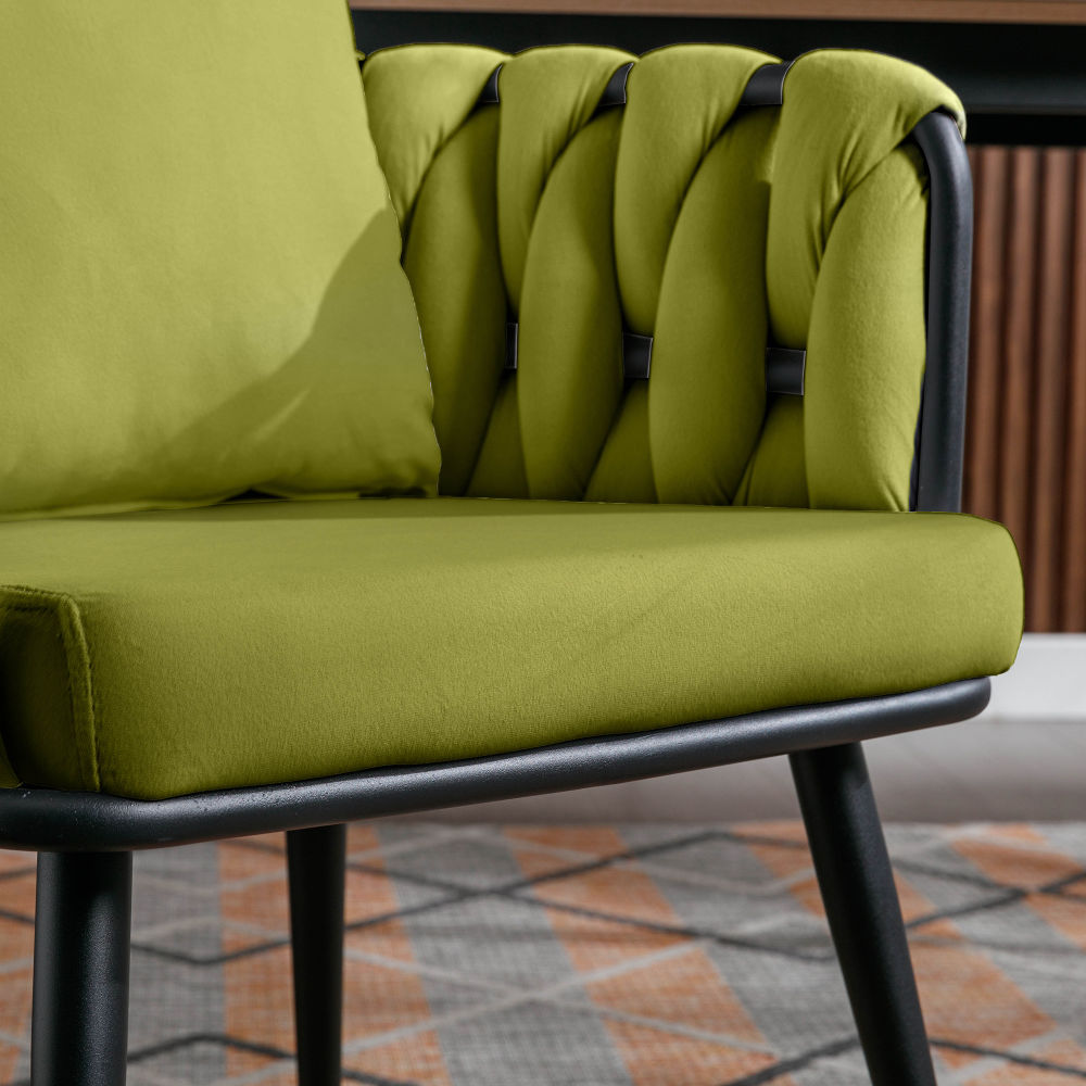 dropship Pure Olive Modern Velvet Dining Chairs Set of 2 Hand Weaving Accent Chairs Living Room Chairs Upholstered Side Chair with Black Metal Legs for Dining Room Kitchen Vanity Living Room