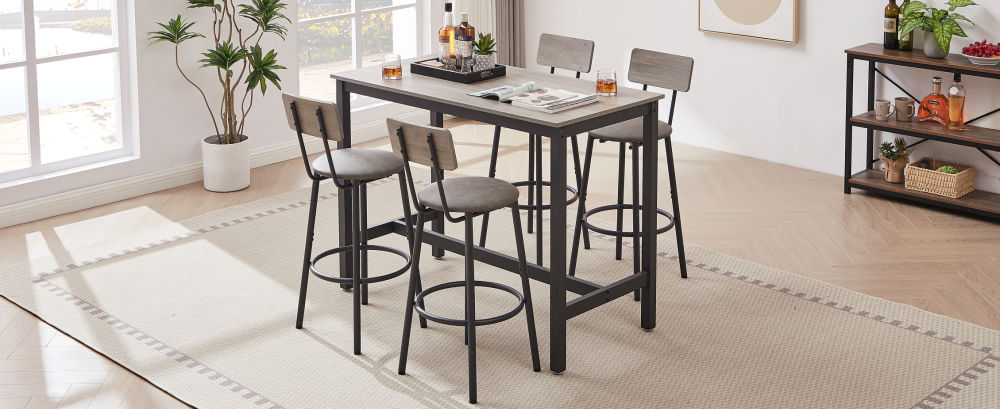 dropship Bar Table Set with 4 Bar stools PU Soft seat with backrest, Grey, 47.24'' L x 23.62'' W x 35.43'' H