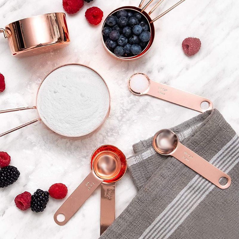 dropship Kitchen Accessories 4Pcs/Set Measuring Cups Spoons Stainless Steel Plated Copper Wooden Handle Cooking Baking Tools