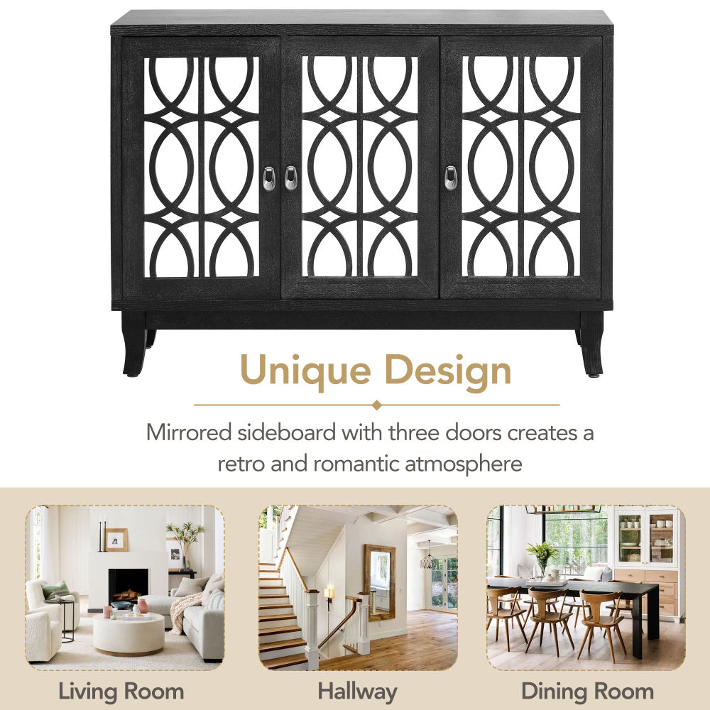 dropship TREXM Sideboard with Glass Doors, 3 Door Mirrored Buffet Cabinet with Silver Handle for Living Room, Hallway, Dining Room (Black)