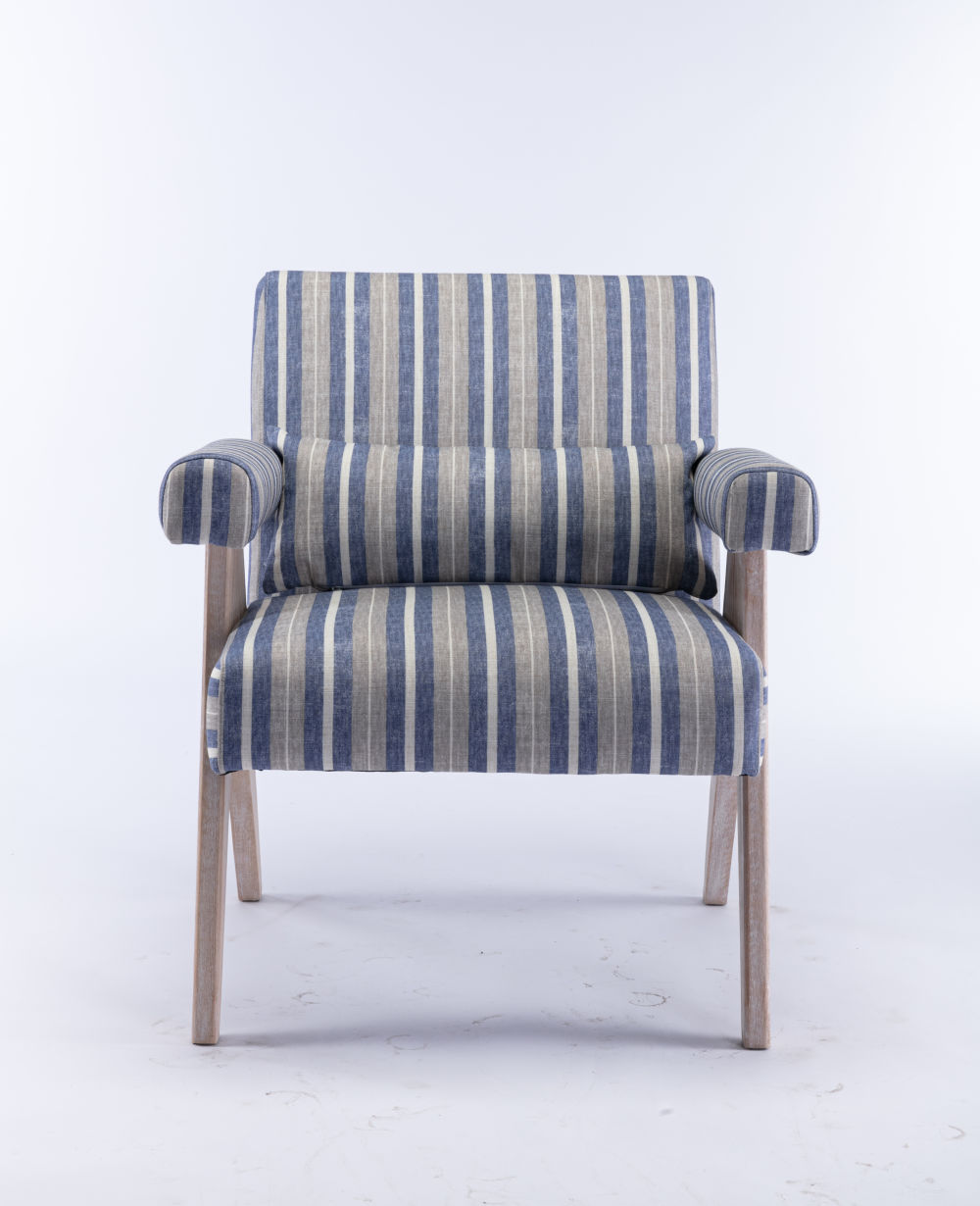 dropship Accent chair, KD rubber wood legs with black finish. Fabric cover the seat. With a cushion.Blue Stripe