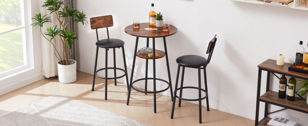 dropship Round bar stool set with shelf, upholstered stool with backrest, Rustic Brown, 23.62'' W x 23.62'' D x 35.43'' H