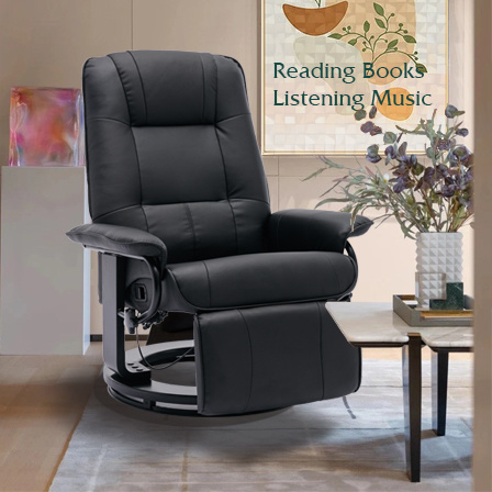 dropship Faux Leather Manual Recliner,Adjustable Swivel Lounge Chair with Footrest,Can Rotate 360 Degrees,L-right Angle Curved Wooden Frame, Armrest and Wrapped Wood Base for Living Room,Black