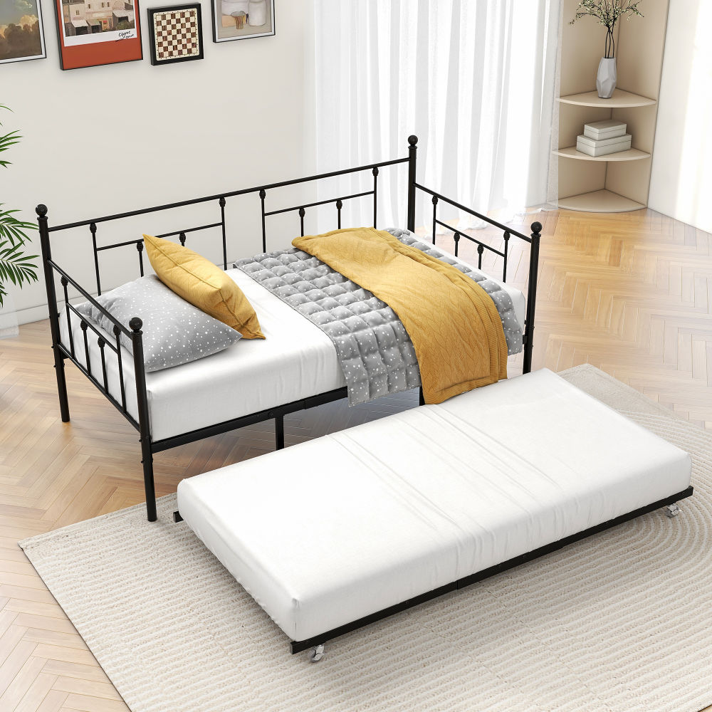 dropship Metal Daybed Frame Twin Size Platform with trundle , No Box Spring Needed Black