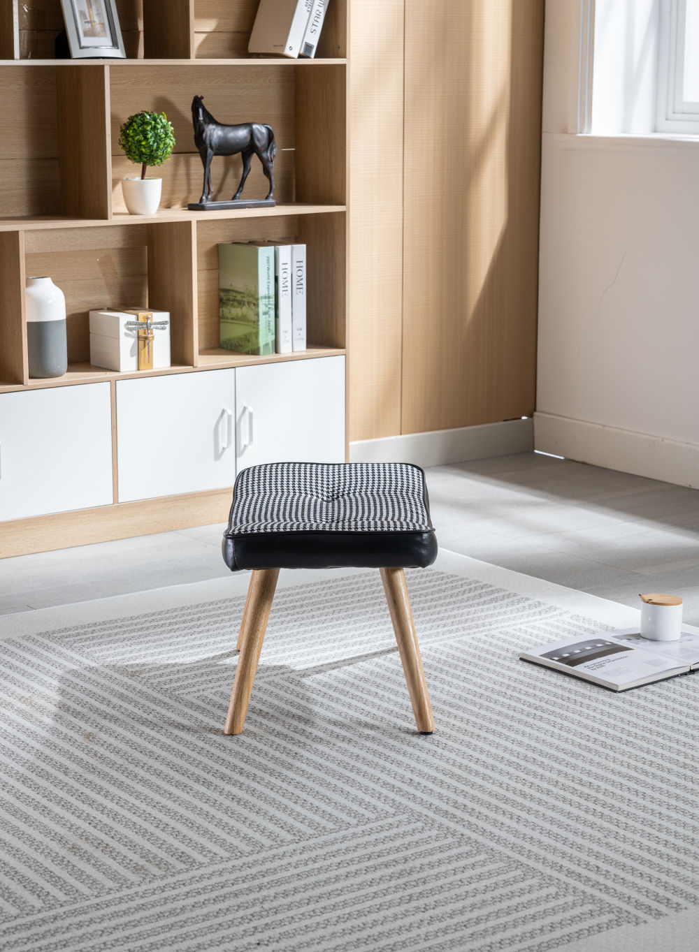 dropship Wooden Step ottoman,Wooden Step Stool for Adults,Square Cushion Foot Stool,Small Stool with Non-Slip Pad,Wood Stool Suitable for Bedroom, Living Room and Kitchen (black)