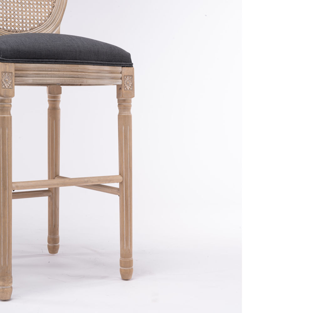 dropship French Country Wooden Barstools Rattan Back With Upholstered Seating , Dark Grey, Set of 2
