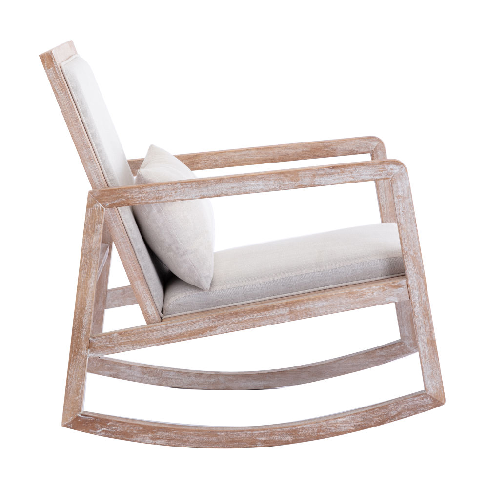 dropship Solid wood linen fabric antique white wash painting rocking chair with removable lumbar pillow