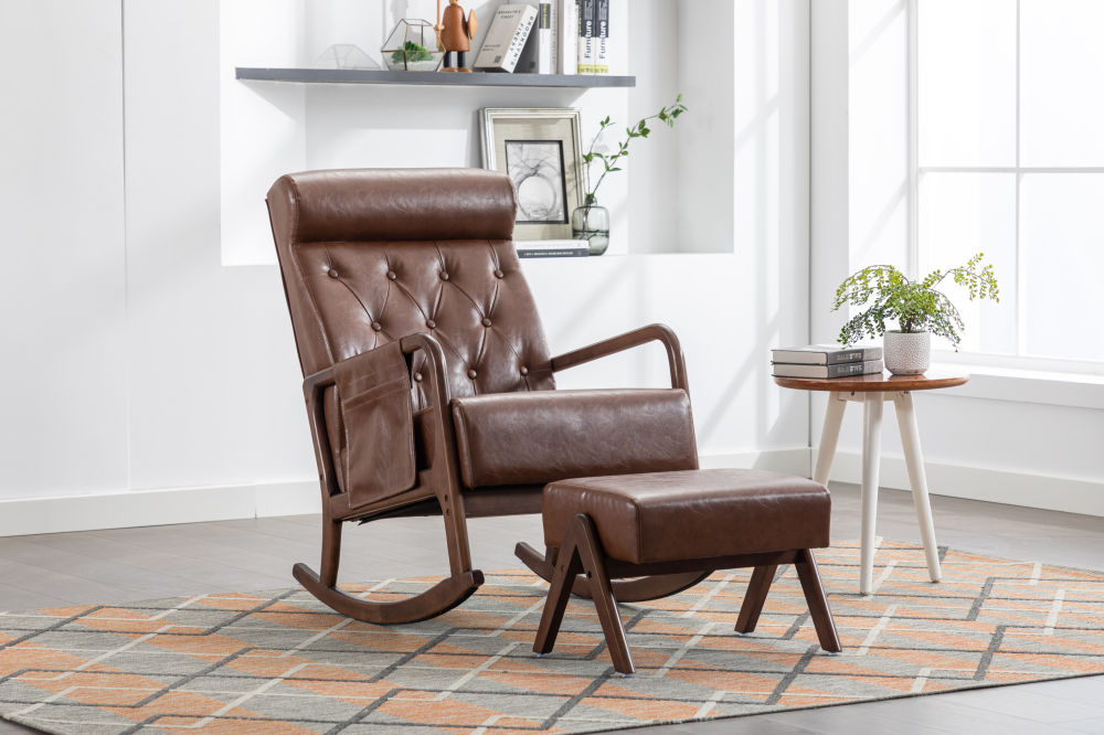 dropship COOLMORE Rocking Chair With Ottoman, Mid-Century Modern Upholstered Fabric Rocking Armchair, Rocking Chair Nursery with Thick Padded Cushion, High Backrest Accent Glider Rocker Chair for Living Room