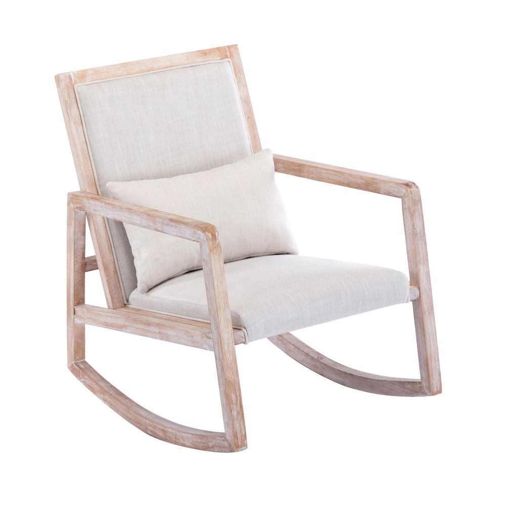 dropship Solid wood linen fabric antique white wash painting rocking chair with removable lumbar pillow
