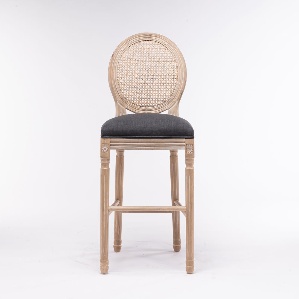 dropship French Country Wooden Barstools Rattan Back With Upholstered Seating , Dark Grey, Set of 2