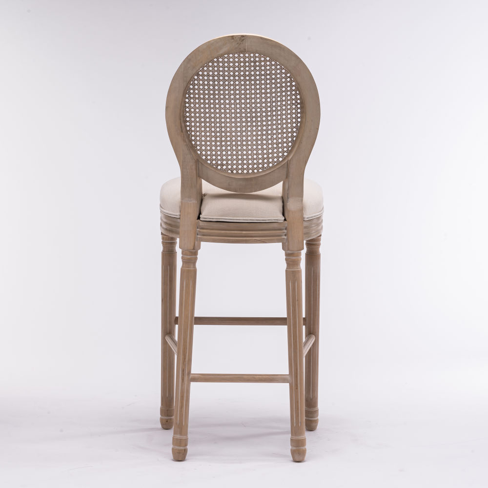 dropship French Country Wooden Barstools Rattan Back With Upholstered Seating , Beige and Natural ,Set of 2