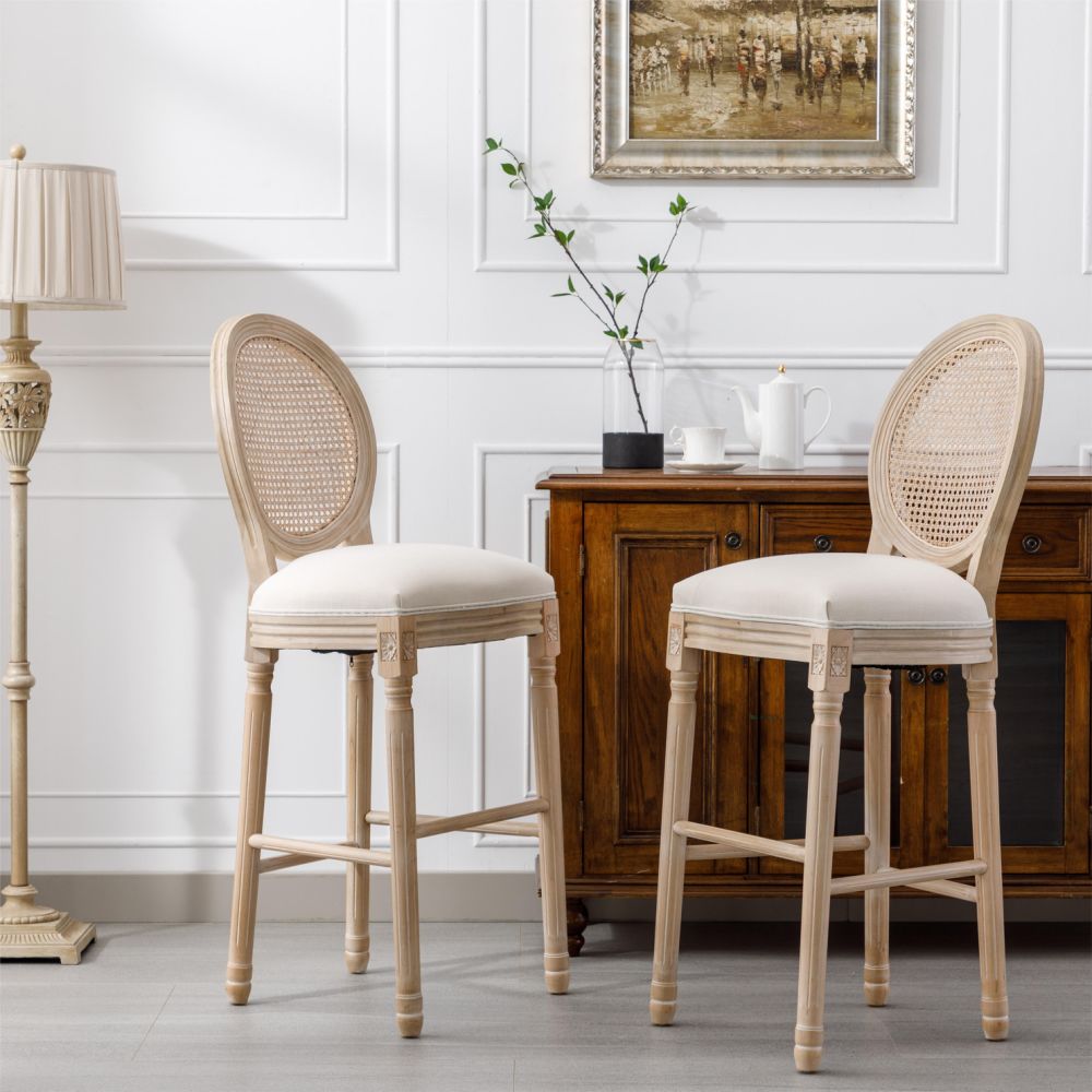 dropship French Country Wooden Barstools Rattan Back With Upholstered Seating , Beige and Natural ,Set of 2
